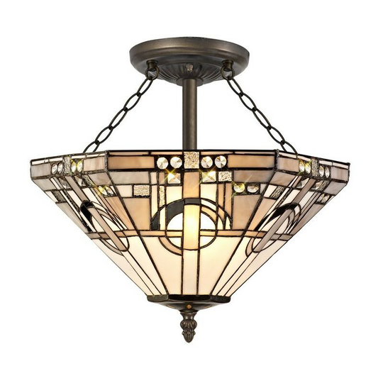 Luminosa Lighting - 3 Light E27 Semi Flush Ceiling With Tiffany Shade 40cm Shade, White, Grey, Black, Clear Crystal, Aged Antique Brass