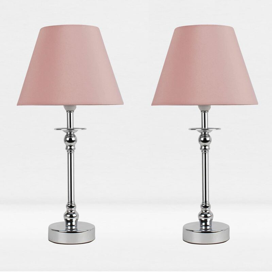 First Choice Lighting - Set of 2 Chrome Plate Bedside Table Light with Detailed Column Blush Pink Fabric Shade - Polished chrome plate and textured