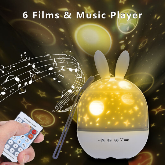 Lifcausal - Star Projector Night Light with ir Remote Control Dimmable Rabbits led Lamp 6 Films 8 Songs Timer Function usb Rechargeable 360° Rotating