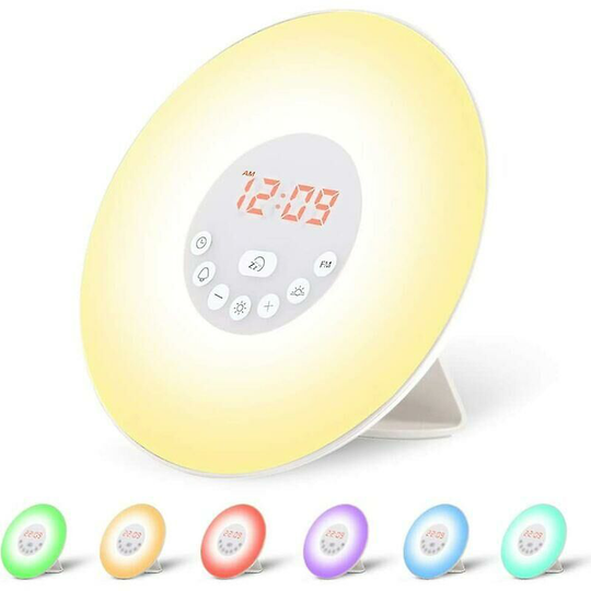 Aougo - Radio Alarm Clock Light led Bedside Lamp Touch Control Sunrise and Sunset Simulation 10 Light Levels, Snooze, 6 Natural Sounds, 7 Colors