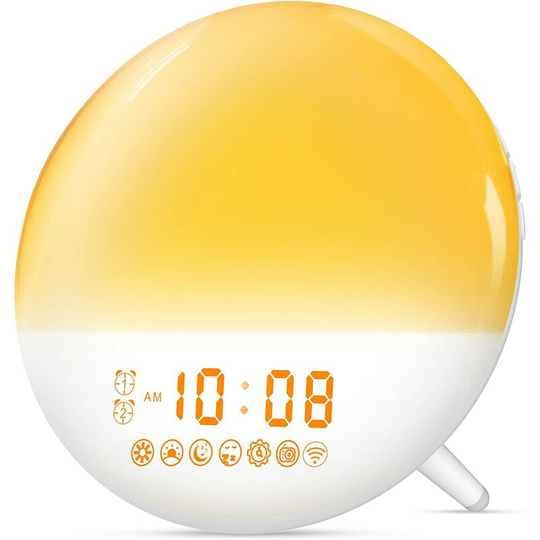 Aougo - Sunrise Alarm Clock for Kids, Fat Sleeper, Bedroom, with Sunset Simulation Clock Radio, Natural Sounds, 7 Color Night Light, Smart Digital