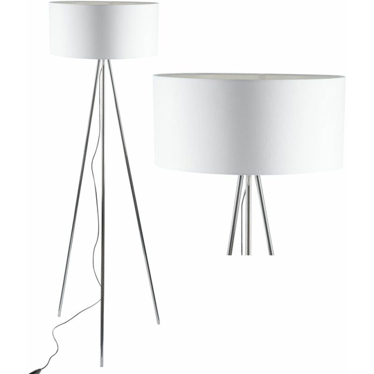 Chrome Tripod Floor Lamp with White Fabric Shade - Polished chrome plate and white cotton