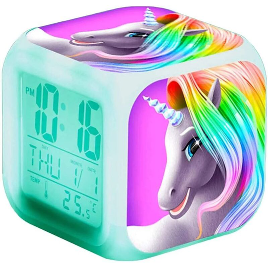 Aougo - Unicorn Digital Alarm Clocks, 7 Color Changing led lcd Cube with Lights Kids Alarm Clocks, Bedside Table Birthday Gift Girl Boy Women Bedroom