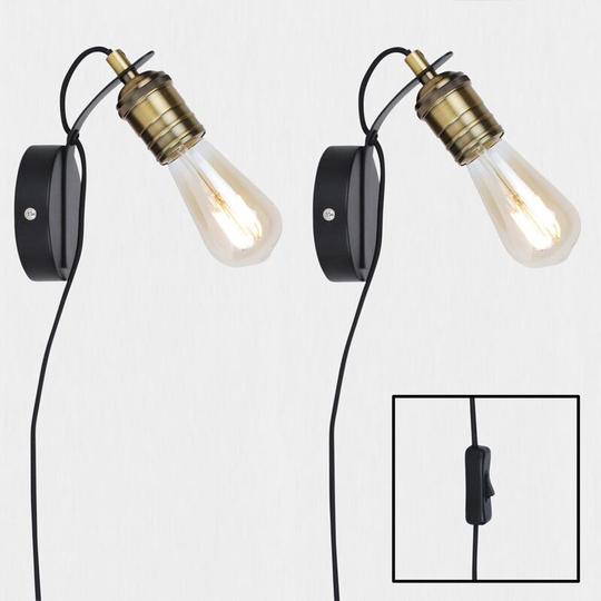 Set of 2 Matt Black with Antique Brass Detail Plug In Wall Lights - Matt black with antique brass plate detail