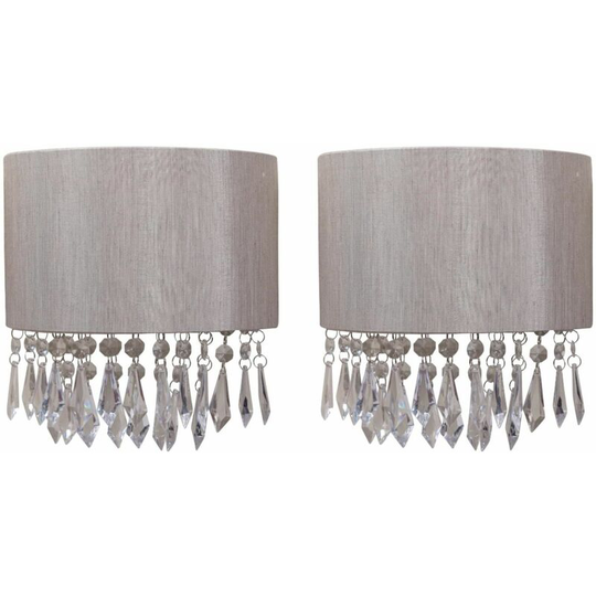First Choice Lighting - Set of 2 Jewelled Silver Grey Fabric Wall Lights With Clear Beaded Crystal Style Strings - Silver faux silk with clear
