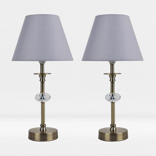 First Choice Lighting - Set of 2 Antique Brass Plated Stacked Bedside Table Light Faceted Detail Grey Fabric Shade - Antique brass plate with clear