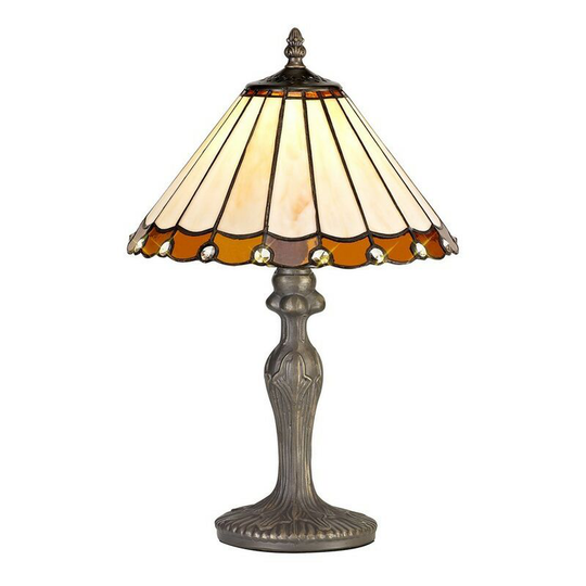 Luminosa Lighting - 1 Light Curved Table Lamp E27 With 30cm Tiffany Shade, Amber, Crystal, Aged Antique Brass