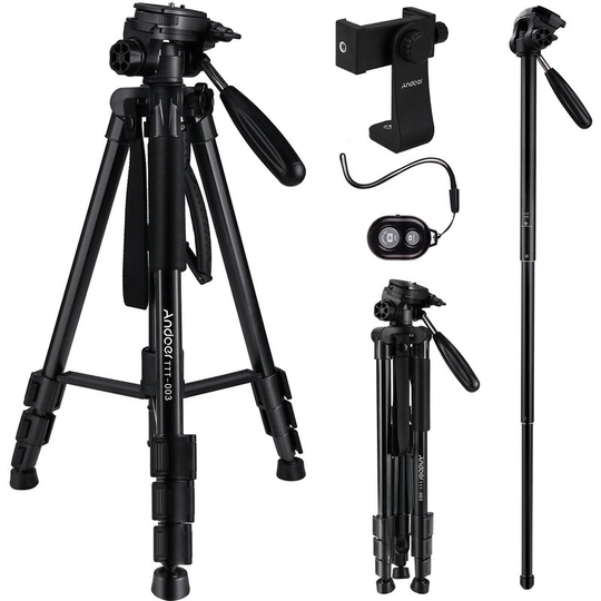 Andoer2 - Andoer TTT-003 2-in-1 Photography Tripod Monopod Stand Aluminium Alloy 3-Way Swivel Pan Head 163cm Max. Height 5kg Load Capacity with Phone