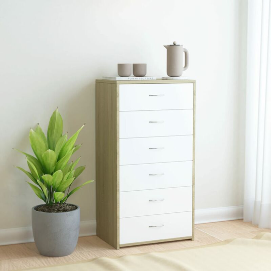 Sideboard with 6 Drawers White and Sonoma Oak 50x34x96 cm Chipboard - Multicolour
