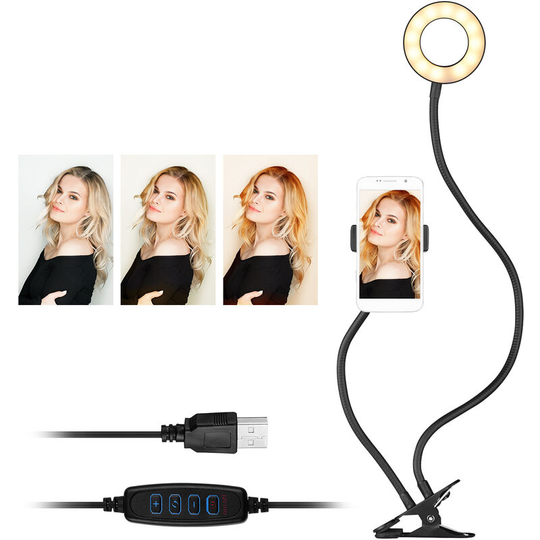Andoer - Webcam Light Stand 3.5 Inch Clip-On Mini usb Ring Light 3 Lighting Modes Dimmable Flexible Arms Design with Webcam Mount Phone Holder for