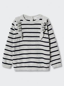 Mango Baby Girls Striped Frill Knitted Jumper - Light Grey, Light Grey, Size 9-12 Months