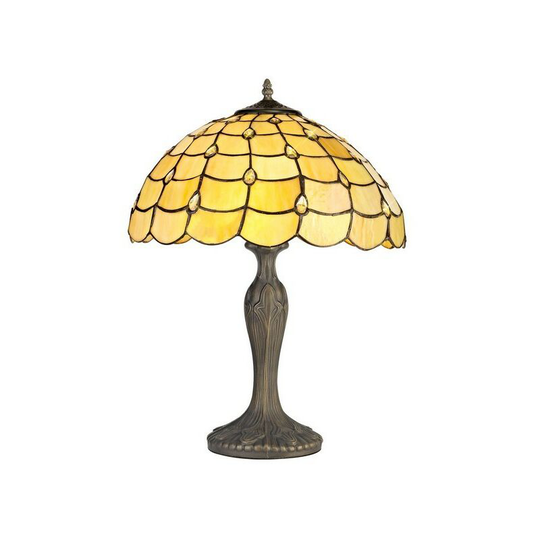 Luminosa Lighting - 2 Light Curved Table Lamp E27 With 40cm Tiffany Shade, Beige, Clear Crystal, Aged Antique Brass