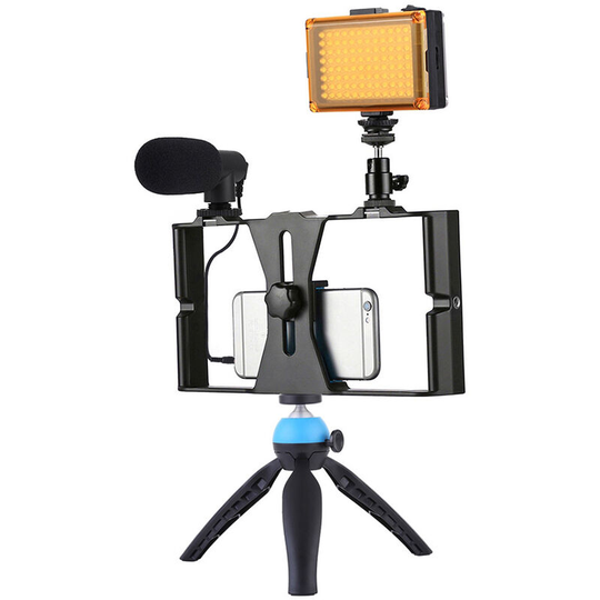 PKT3023 Smartphone Handheld Filmmaking Video Rig + 96 LEDs led Studio Light + Video Microphone + Mini Tripod Mount Kits with Cold Shoe Tripod Head