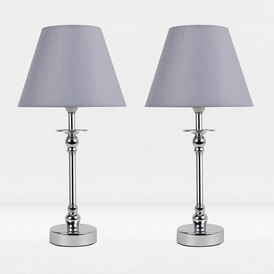 First Choice Lighting - Set of 2 Chrome Plated Bedside Table Light with Ball Detail Column Grey Fabric Shade - Polished chrome plate and textured