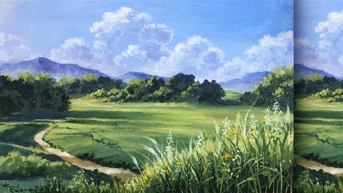 Acrylic lesson - Summer fields - Landscape