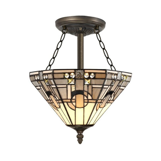 3 Light E27 Semi Flush Ceiling With Tiffany Shade 30cm Shade, White, Grey, Black, Clear Crystal, Aged Antique Brass - Luminosa Lighting