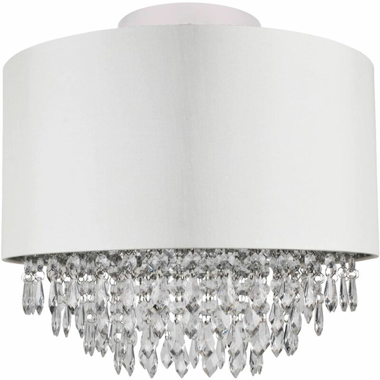 First Choice Lighting - 400mm Cream Faux Silk Ceiling Flush Shade with Chrome Inner and Clear Droplets - Polished chrome plate with clear acrylic