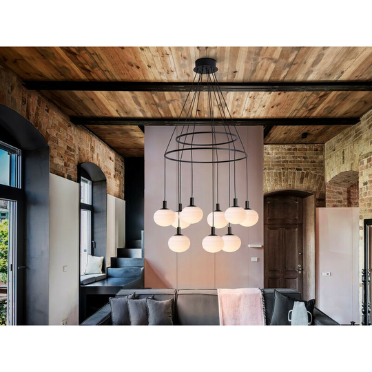 Schuller Lighting - Schuller Global 9 Light Globe Ring Ceiling Pendant, Matt Black Finish, Adjustable Height, Dimmable