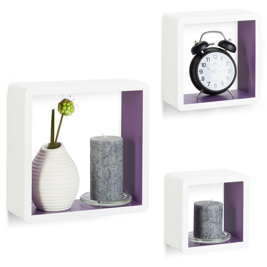 Relaxdays Cube Wall Shelves Set of 3, Square Floating Bookcase, Durable and Decorative, White-Purple