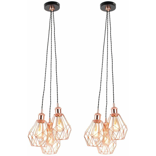 Set of 2 Matt Black & Copper Geometric 3 Light Cluster Pendants - Matt black and polished copper plate