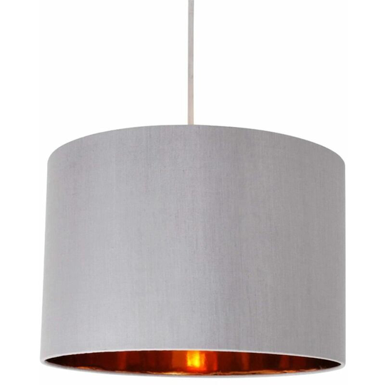 First Choice Lighting - Grey Faux Silk 30cm Drum Light Shade with Copper Inner - Grey faux silk with copper inner detail