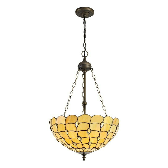 Luminosa Lighting - 3 Light Uplighter Ceiling Pendant E27 With 50cm Tiffany Shade, Beige, Clear Crystal, Aged Antique Brass