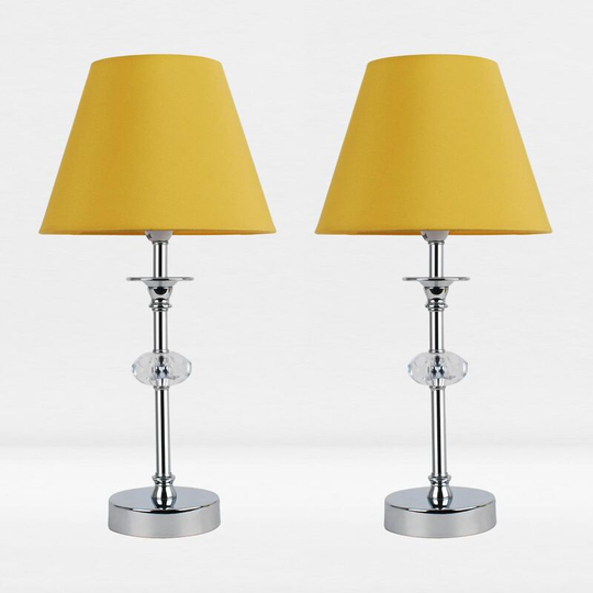 First Choice Lighting - Set of 2 Chrome Plated Stacked Bedside Table Light Faceted Acrylic Detail Ochre Fabric Shade - Polished chrome plate with