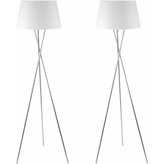 Pair Chrome Twist Tripod Floor Lamp with White Fabric Shade - Polished chrome plate and white cotton
