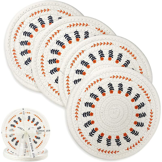 Benobby Kids - 4 Piece Woven Tripods, 100% Cotton Rope Pot Holders for Cooking and Baking, Round Heat Pad Heat Pad, Vintage Print, Vintage Floral,