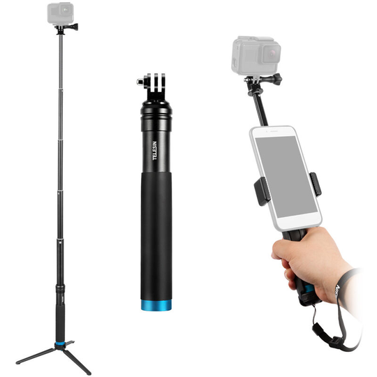 Telesin - Handheld Extendable Selfie Stick Monopod Aluminum Alloy Adjustable Pole with Tripod Cell Phone Holder for Smartphones Action Cameras - Black