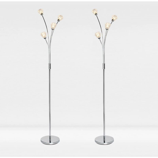Pair of 4 Light Chrome Plated Floor Standard Light with Textured Clear Glass Shades - Polished chrome plate and clear glass