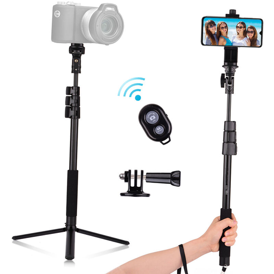 54 Inch Handheld Selfie Stick Tripod Stand,Aluminium Detachable Phone Clip Gopro Holder,Remote Shutter,Black