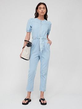 V by Very Puff Shoulder Denim Jumpsuit - Light Wash, Light Wash, Size 12, Women