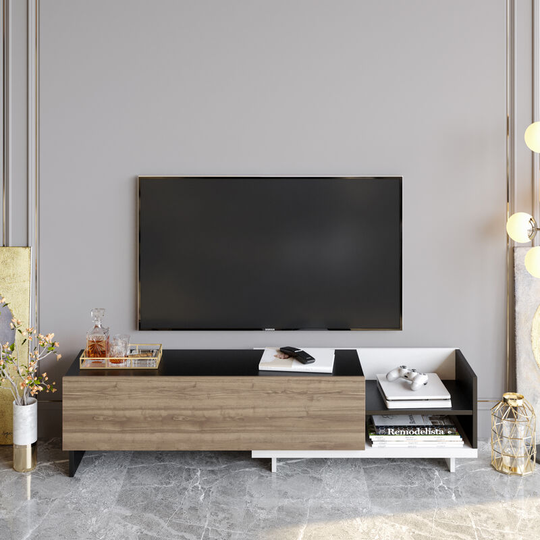 Parion tv Stand, tv Cabinet, tv Unit, Multimedia Centre with Dropdown Cabinet and Open Shelves - White, Black and Walnut - Decorotika