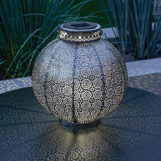 Festive Lights - 25.5cm Solar & Battery Power Outdoor Pewter Moroccan Hanging Lantern Light | Garden Table Decoration Warm White Colour Changing