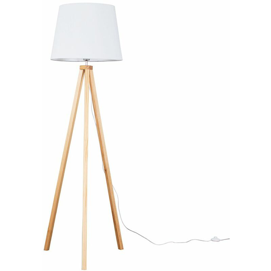 Floor Lamp Modern Wooden Tripod Light in Light Wood with Tapered Shade - White + led Bulb