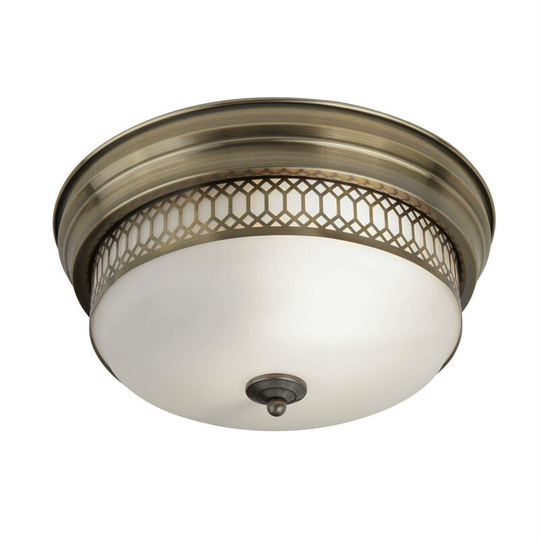 Searchlight Edinburgh - 2 Light Bathroom Flush Ceiling Antique Brass, White IP44, E27
