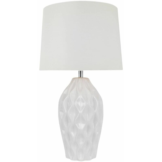 First Choice Lighting - Textured White Gloss Glaze Ceramic Bedside Table Light with White Textured Cotton Fabric Shade - White glaze with polished