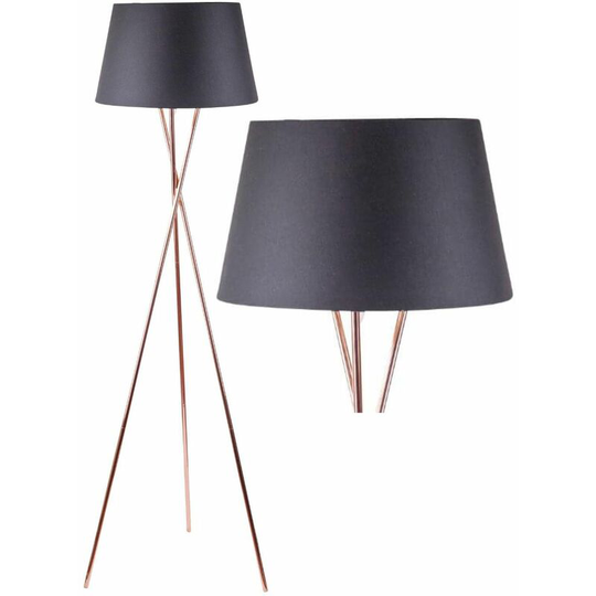 Copper Tripod Floor Lamp with Black Fabric Shade - Polished copper plate and black cotton