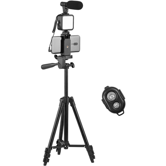 Asupermall - Phone Vlog Video Kit with Height Adjustable Tripod Phone Holder with Cold Shoe Microphone led Video Light Remote Shutter for Phone