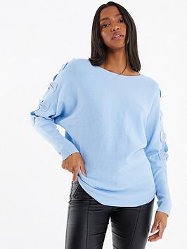 Quiz Light Knit Bow Sleeve Jumper - Light Blue, Light Blue, Size S, Women