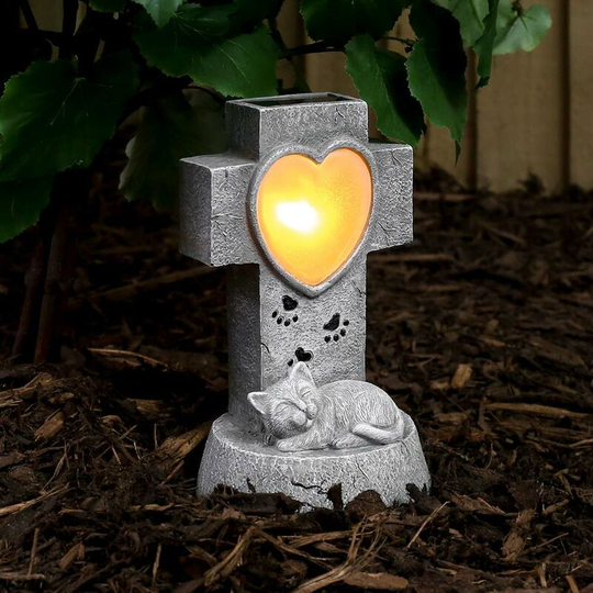 21cm Solar Power Stone Effect Cat Memorial Remembrance led Light Up Ornament | Outdoor Garden Decoration - Grey