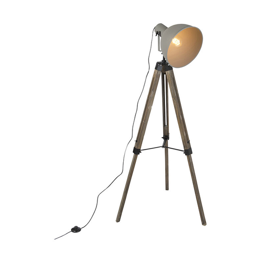 Qazqa - Industrial floor lamp on wooden tripod with gray shade - Laos - Brown