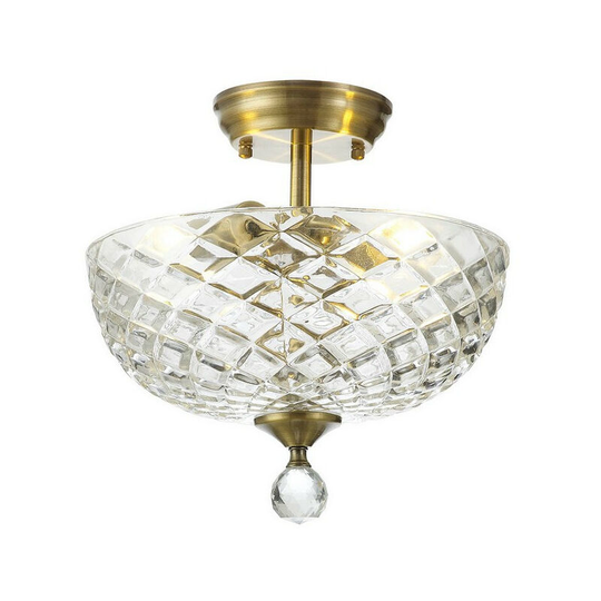 Luminosa Dresden 2 Light Semi Flush Ceiling Lamp E27 With Flat Round 30cm Patterned Glass Shade Antique Brass, Clear