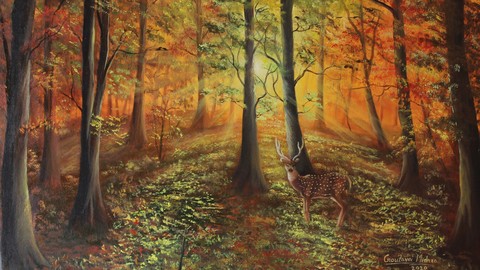 Start painting landscape forest and deer