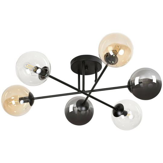 Emibig Brendi Black Globe Multi Arm Semi Flush Ceiling light with Graphite, Amber Glass Shades, 6x E14