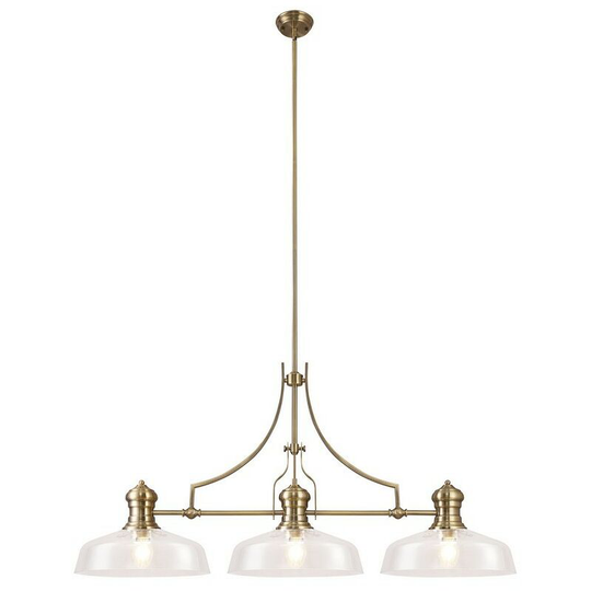 Luminosa Lighting - Linear Ceiling Pendant With 38cm Flat Round Shade, 3 x E27, Antique Brass, Clear Glass