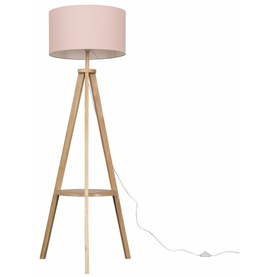 Tripod Shelf Floor Lamp in Light Wood with Large Drum Shade - Pink + led Bulb