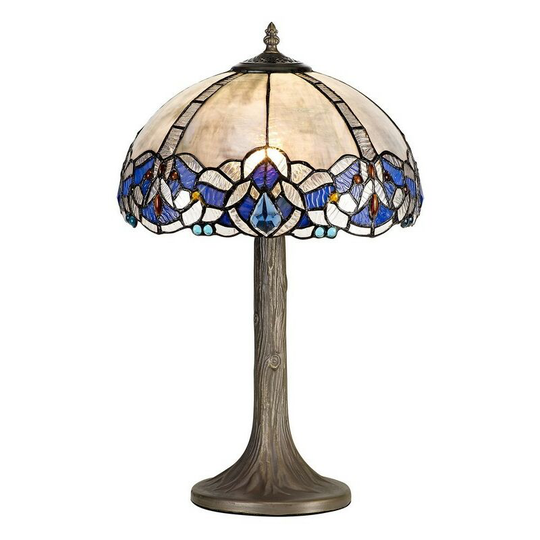 Luminosa Lighting - 1 Light Tree Like Table Lamp E27 With 30cm Tiffany Shade, Blue, Clear Crystal, Aged Antique Brass