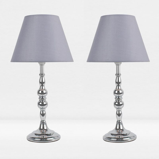 Set of 2 Chrome Plated Bedside Table Light with Candle Column Grey Fabric Shade - Polished chrome plate and textured grey cotton